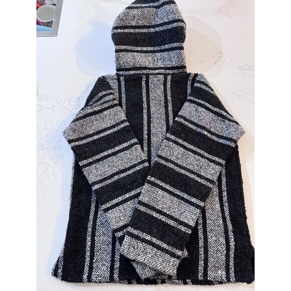 Mexican Poncho Small Baja Woven Blanket Jacket Hippie Pullover Black White - Picture 2 of 12